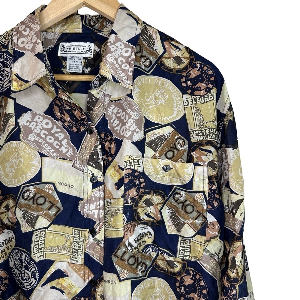 Whistles 100% Silk Travel Stamp Print Button Down Shirt Navy Womens Medium‎ Vtg